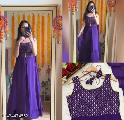Purple Georgette kurta with dupatta and palazzos, embellished net design, single size options XS-XXL