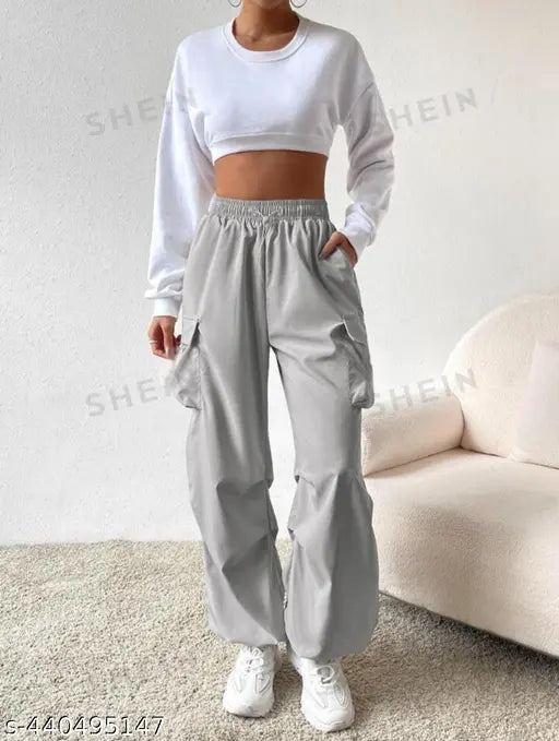 Gray and black cargo pants with four pockets