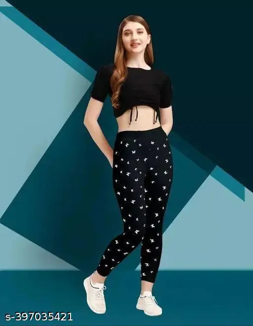 Stylish printed cotton-blend jeggings combo pack, featuring vibrant patterns and varying sizes (26-Free Size)