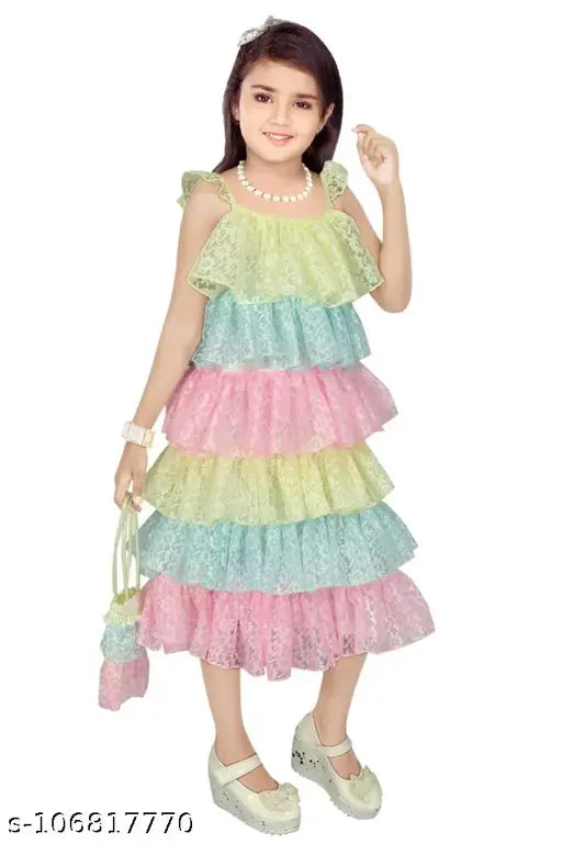 Pink, green, blue ruffle dress for girls with matching bag