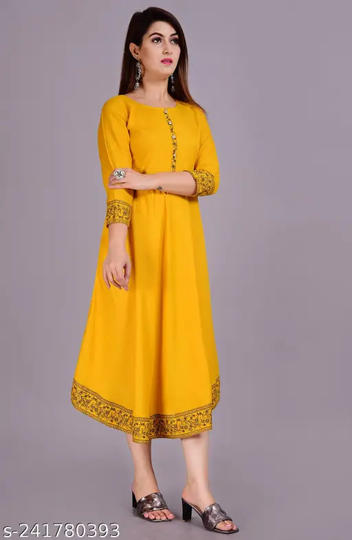 Mustard solid rayon Anarkali for women, three-quarter sleeve length, stylish Indian fashion wear