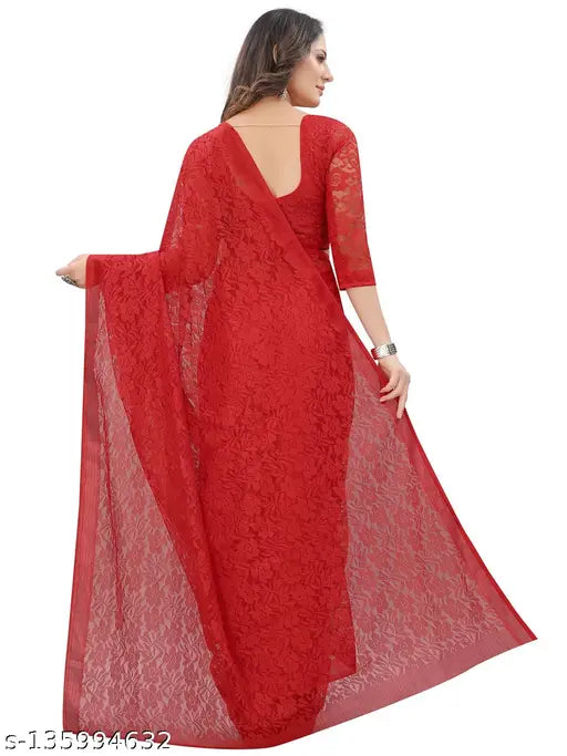 Red floral pattern Brasso net saree with unstitched blouse piece - Indian handcrafted, free size, self-design