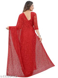 Red floral pattern Brasso net saree with unstitched blouse piece - Indian handcrafted, free size, self-design