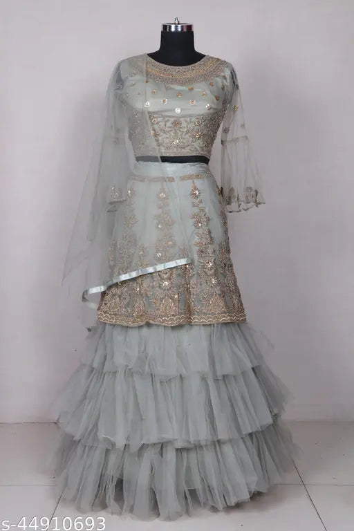 Aakarsha olive net embroidered lehenga choli & dupatta - semi-stitched, Indian women's fashion