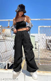 Black cargo pants with two side pockets and one front pocket, featuring drawstrings at waist and cuffs