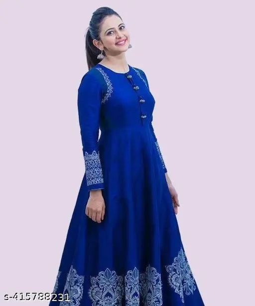Royal blue rayon anarkali kurti with Rakul printed combo, three-quarter sleeves on model