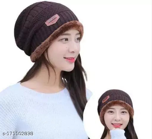 Brown knitted beanie cap, pack of 1