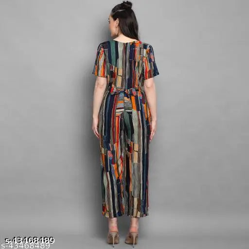 Multicolor rayon jumpsuit, women's western style, vibrant print & solid color, suitable for all seasons