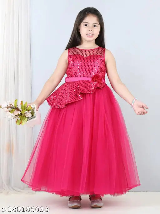 Pink tulle full length dress with embellishments for girls' party wear