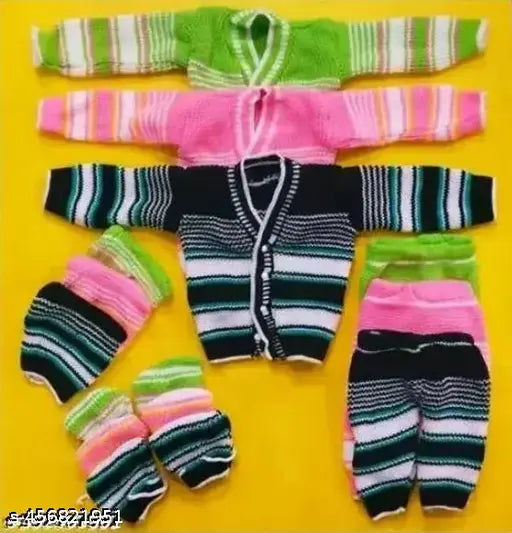 Combo of 2 Random color New Born Baby Winter Wear Baby Clothes 4Pcs Sets 100% wool (2 top ,2 pajamas,2caps,2 pair of socks ) Baby Boys & Girls Unisex Baby woolen/winter Suit Infant Clothes First Gift for New Born Baby (0 to 3 months only ) PACK OF 2