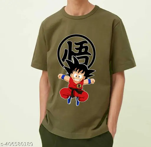 Green cotton blend Goku printed half sleeves t-shirt, premium casual wear round neck tee for men on display