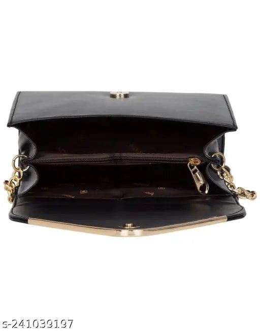 Women's black sling bag with shoulder strap and gold zipper