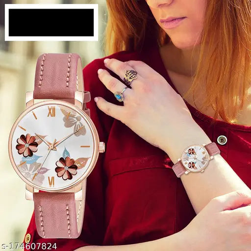 Floral design analog watch with brown leather strap, grey-pink hues