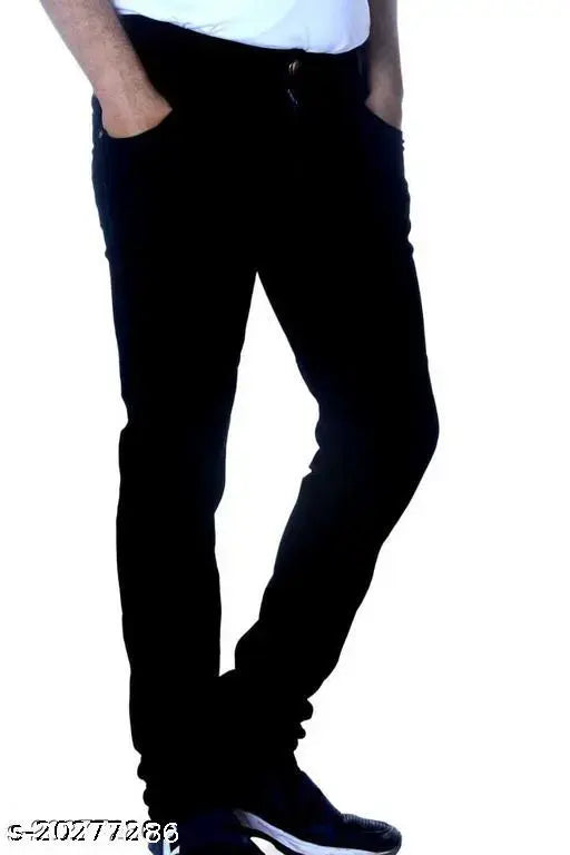 Cotton blend men's black denim jeans, trendy solid pattern, sizes 30-40 (Mens Black Denim Jeans)
