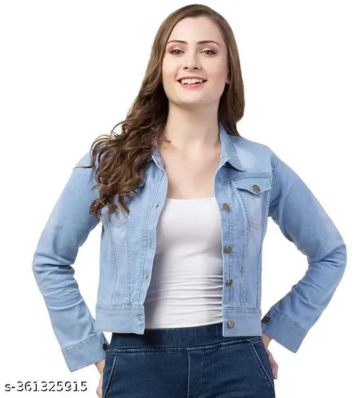 Denim solid jacket, trendy feminine women's style with long sleeves, dyed/washed pattern. Single piece (N), sizes available S and M
