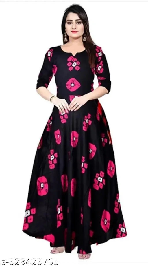 Anarkali pink flower print rayon kurti set for women and girls, long sleeve design with dupatta