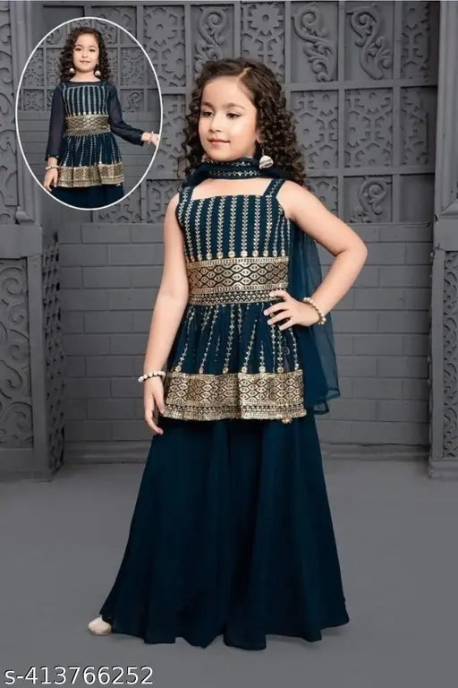 Classic embroidered rayon georgette kids' lehenga choli set, suitable for parties and festive occasions