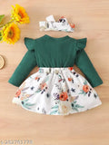Green modal round-neck frocks for kids (6-12M, 9-12M, 1-2Y, 2-3Y, 3-4Y, 4-5Y). Indian ethnic wear with long sleeves and printed pattern, suitable for winter wear and newborn baby clothes