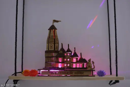Haridwar Divine Spiritual Gifts LED Light Ram Mandir Wood - Indian handcrafted 3D Diwali decor item, 15cm x 9cm x 17cm