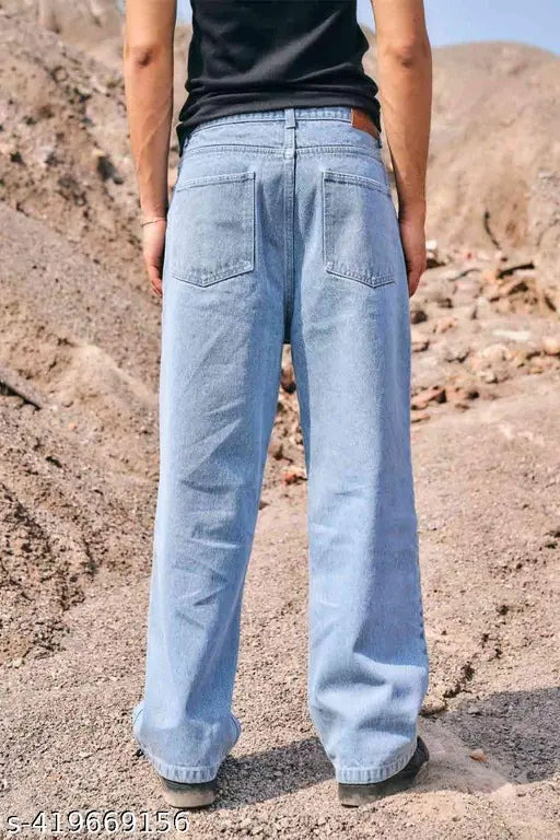 Sky blue denim jeans, aesthetic cross straight fit baggy style, solid denim fabric - men's size 28, 30, 32, 34, 36 (waist 28-36in, length 40in, hip 39-41in), Indian origin