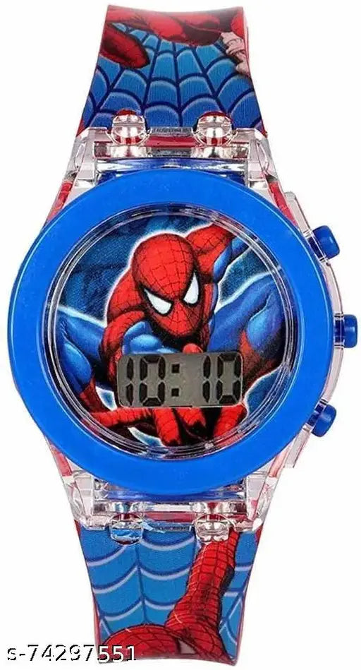 A blue watch with a Spiderman design, featuring a glowing light and disco LED effects. Suitable for both boys and girls