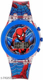A blue watch with a Spiderman design, featuring a glowing light and disco LED effects. Suitable for both boys and girls