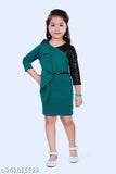 Green polyester girls' midi dress with three-quarter sleeves, self-design net pattern, sequin sleeves, shoulder frill, lining, zipper, belt, and handwork flower detailing - India origin