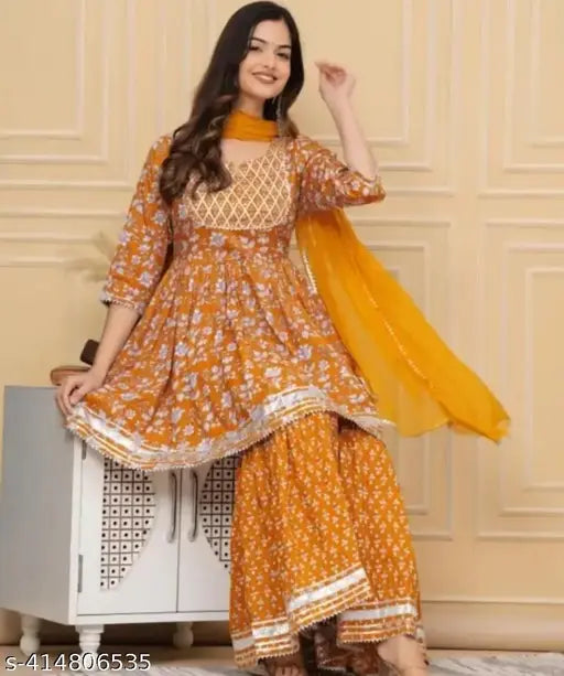 Womens rayon embroidered anarkali kurti, sharara set, 3 piece, yellow, dupatta included