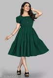 Green rayon women's casual dress with flared skirt