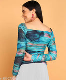 Multi-color printed ruched top in Lycra, vibrant hues and ruching detail, XS-XL sizes from India