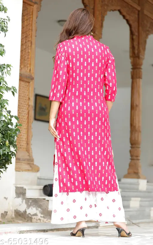 Rayon printed kurta and palazzo set with side pocket, vibrant woman's Indian fashion, three-quarter sleeves, S-XXXL sizes available