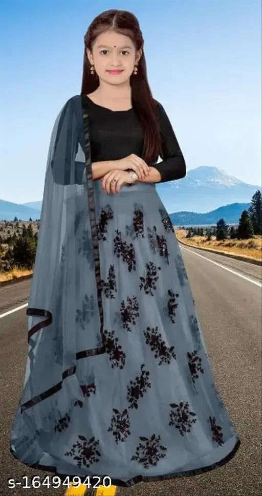 Free size women's net embroidered lehenga choli and dupatta set (heavy net, taffeta silk, blouse fabric), suitable for ceremonies, weddings, parties, festivals. Semi-stitched with unstitched blouse