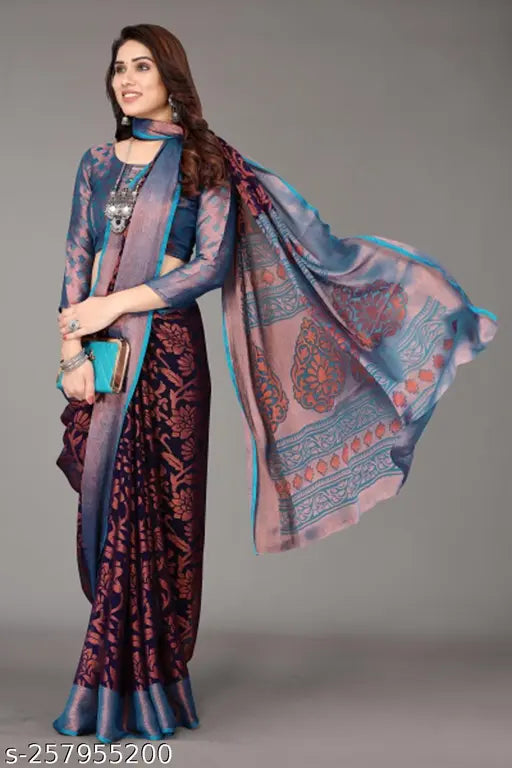 Brasso chiffon printed saree with running blouse, free size, 5.5m long, Indian art silk and net pattern