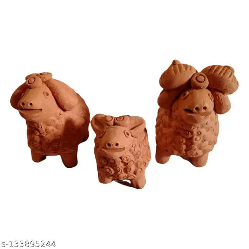 Three handmade terracotta sheep figurines, natural clay, includes eco-friendly mumma sheep, pappa sheep and baby sheep