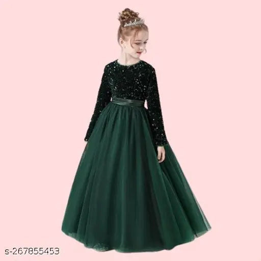 Embroidered net sequence gown dress for girls party wear, ideal for festivals and events. Long sleeves, Indian origin. Sizes: 5-6Y (26in bust, 38in length), 15-16Y (36in bust, 48in length)