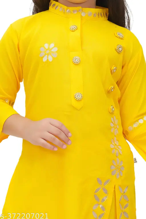 Yellow rayon A-line palazzo kurta for girls with intricate embroidery