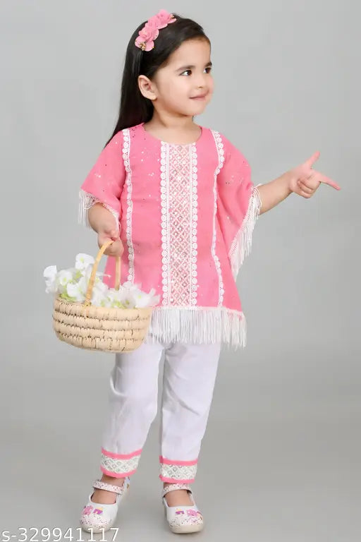Cotton girls kaftan & palazzo set, A-line style. Indian fashion for 18-24 months kids, self-designed chiffon kurta set