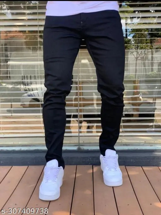 Men's black denim stretchable slim fit jeans, durable and comfortable for everyday wear