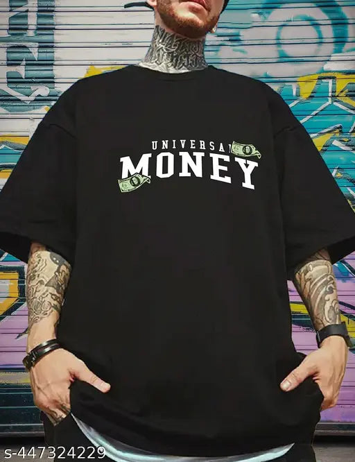 Black cotton blend oversized round neck t-shirt with money print for men, India origin