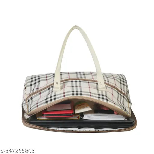 Beige plaid patterned fabric handbag with side pockets