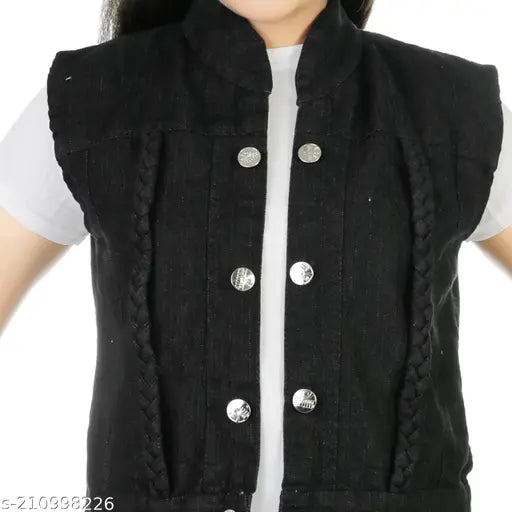 Black denim jacket with button details, possibly a girl's style
