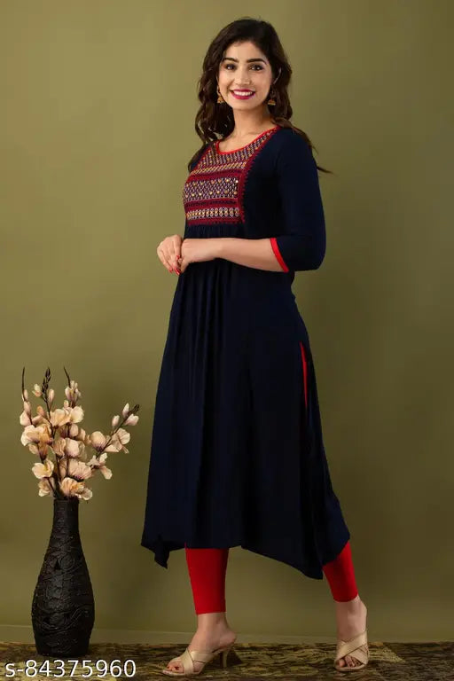 Stylish retro rayon cotton embroidered kurta, three-quarter sleeves, S to XXL sizes