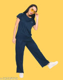 Grey cotton blend pyjamas set for women: TOXEGO Women's Night Suit Top and Pants, dark blue with unique end corners, elastic stitching. Made in India