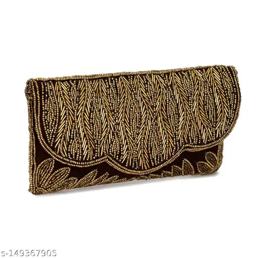 Handmade gold embroidery clutch with brown trim