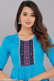 Rayon three-quarter sleeve printed Naira Cut Dress, traditional Indian Kurta with Sanganeri design