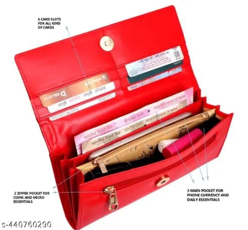 Stylish red wallet with multiple card slots, zip closure