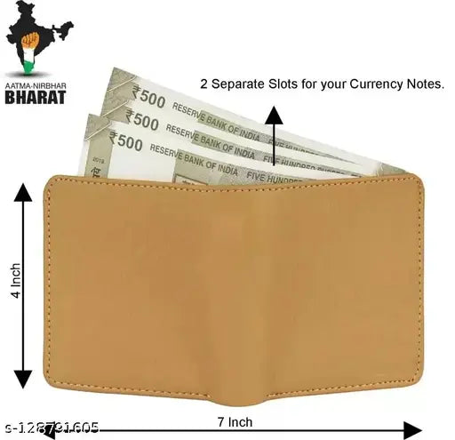 Cream PU bi-fold wallet, classic design for men with 7 card slots, coin pocket, and 2 currency compartments. Perfect for daily use in all trousers