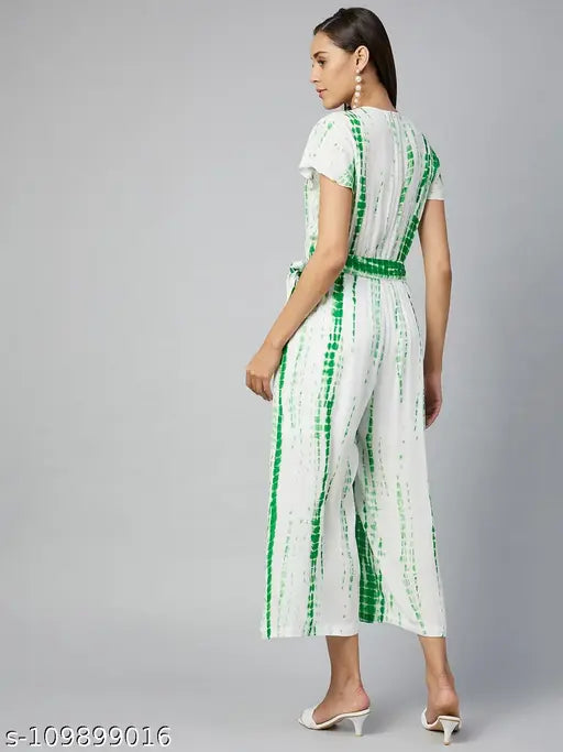 Dyed/washed rayon women's jumpsuit with short sleeves, stylestone green tie & dye from India