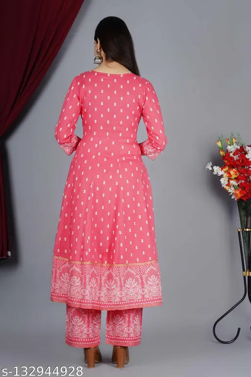Rayon printed Anarkali dupatta set with three-quarter sleeves, vibrant Indian fashion for women