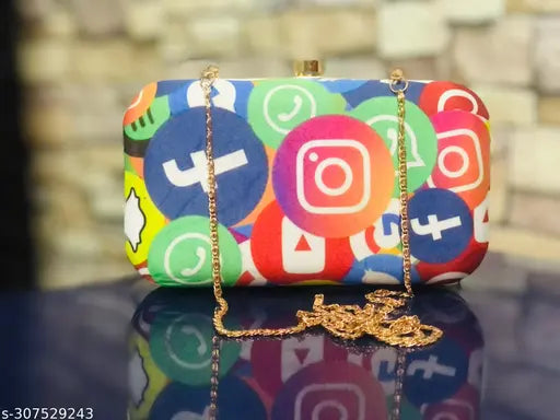 Colorful printed clutch with gold chain, trendy accessory